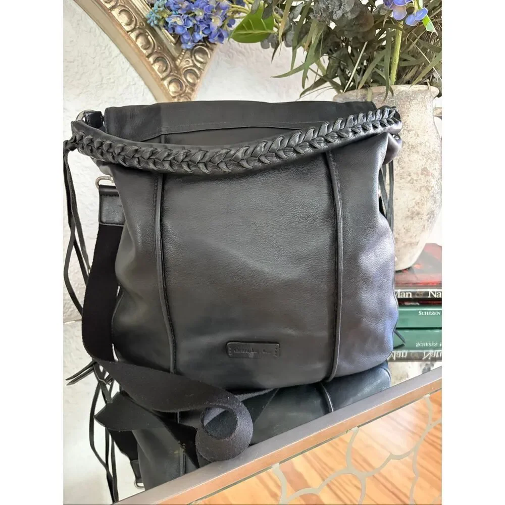 Christopher Kon Black Leather Hobo Crossbody Bag Braided Strap Fringe Tassels